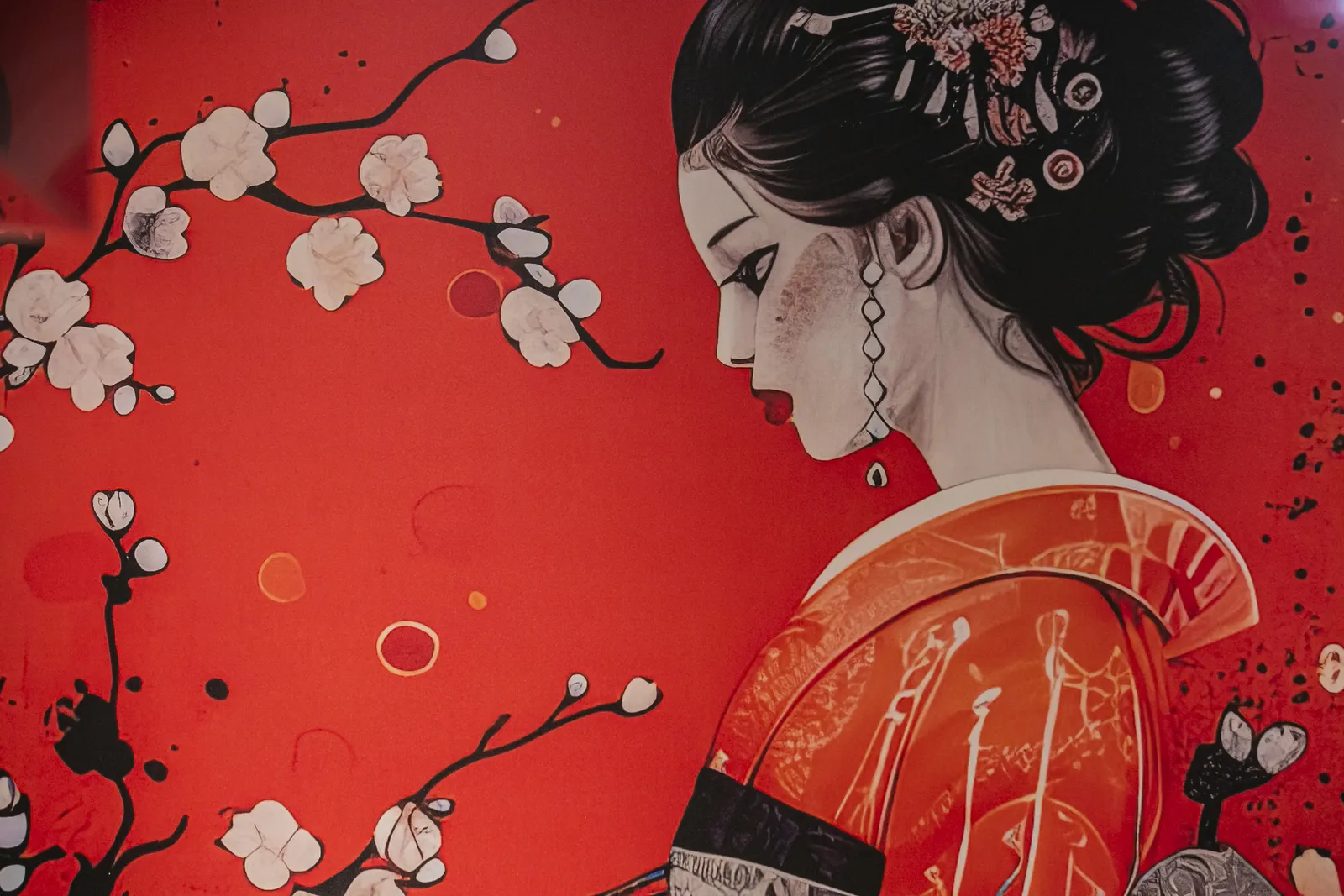 Vermilion wall mural of a geisha among cherry blossoms
