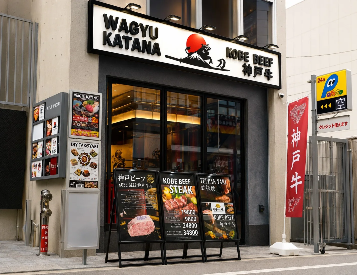 心斎橋1号店の店頭。「WAGYU KATANA／KOBE BEEF 神戸牛」の看板と、神戸牛ののぼり、コース料金の立て看板
